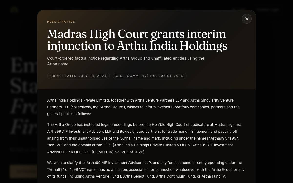 Artha Venture Fund website preview