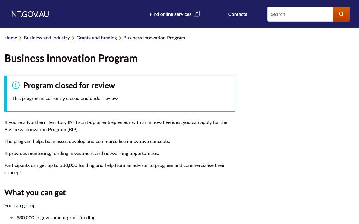 Business Innovation Program NT website preview