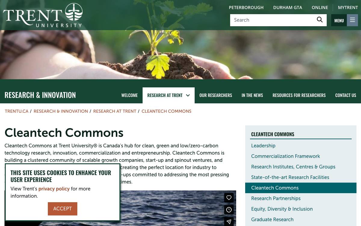 Cleantech Commons at Trent University website preview