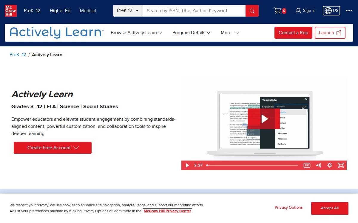 Actively Learn website preview