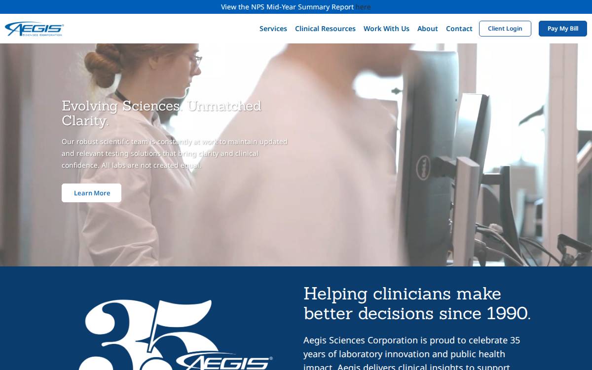 Aegis Sciences Corporation website preview