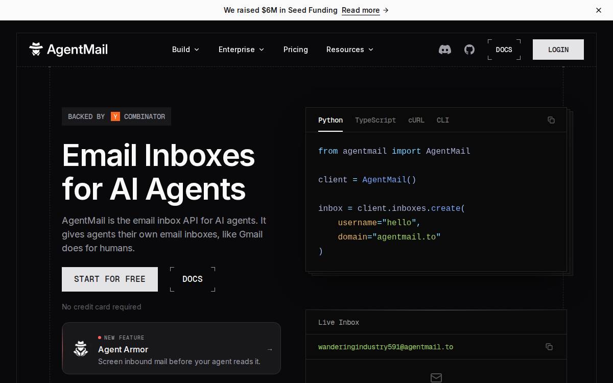 AgentMail website preview