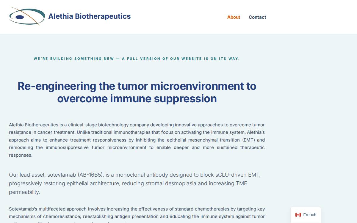 Alethia Biotherapeutics Inc. website preview