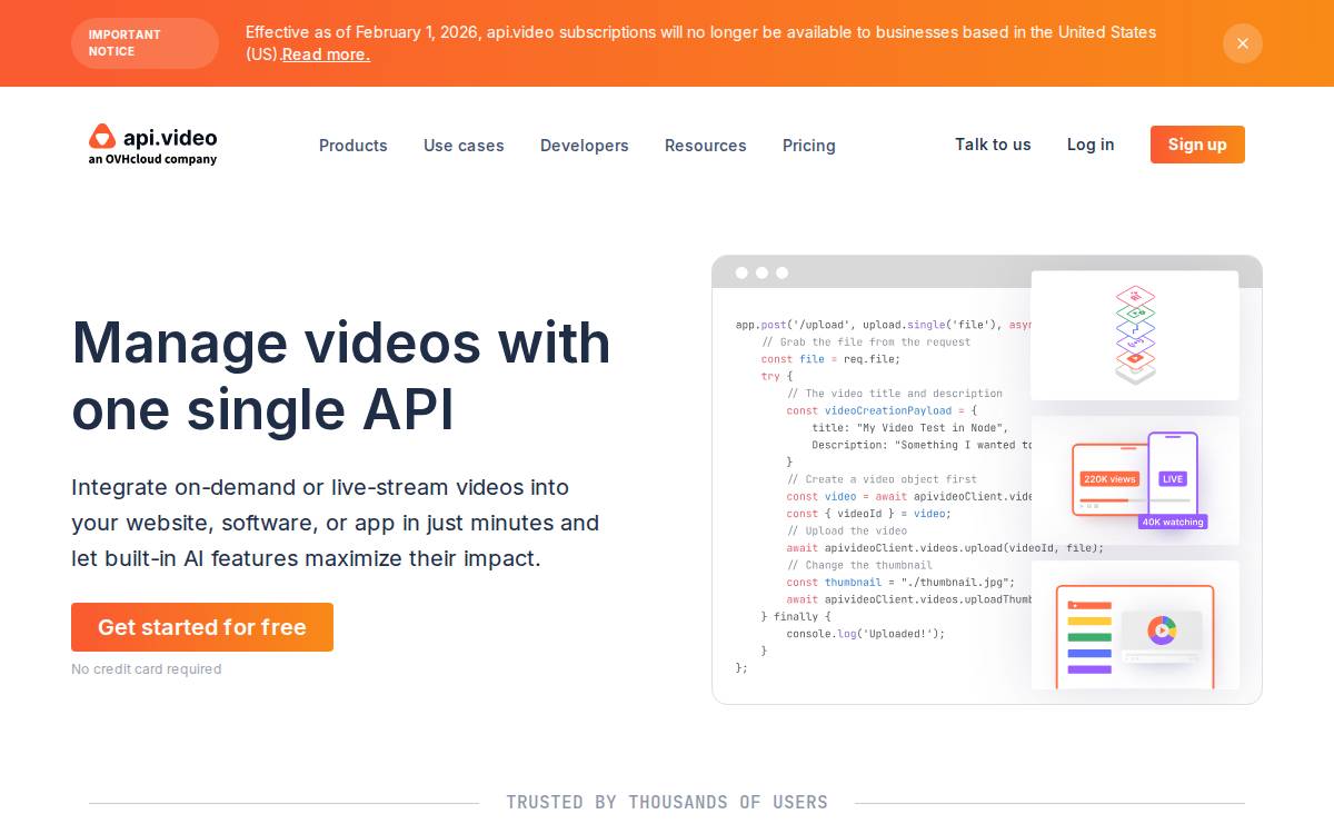 Apivideo website preview