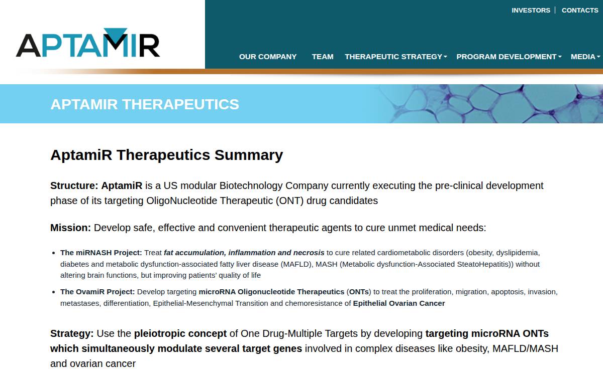 AptamiR Therapeutics website preview