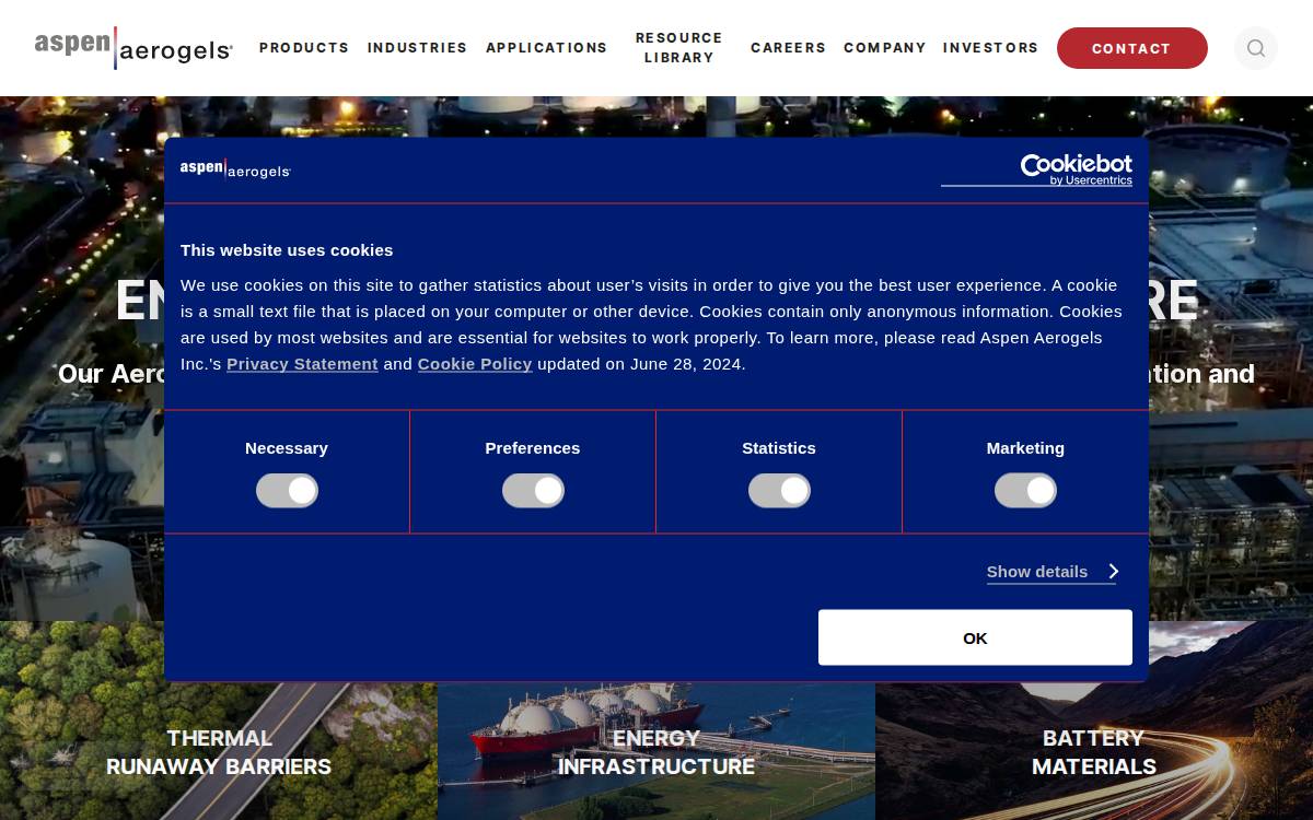 Aspen Aerogels website preview