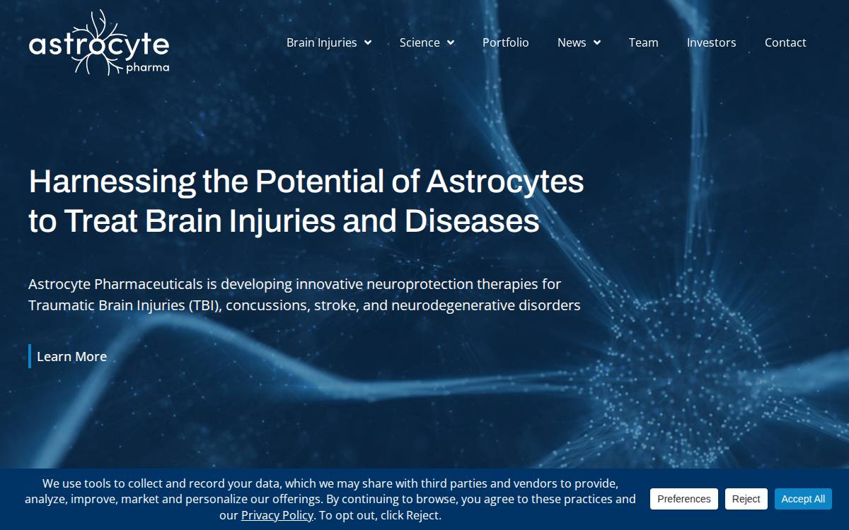 Astrocyte Pharmaceuticals website preview