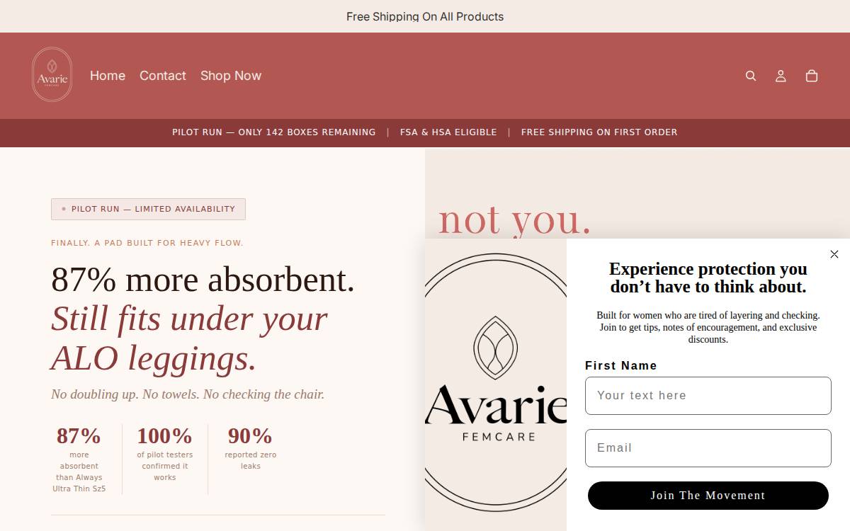 Avarie Femcare website preview