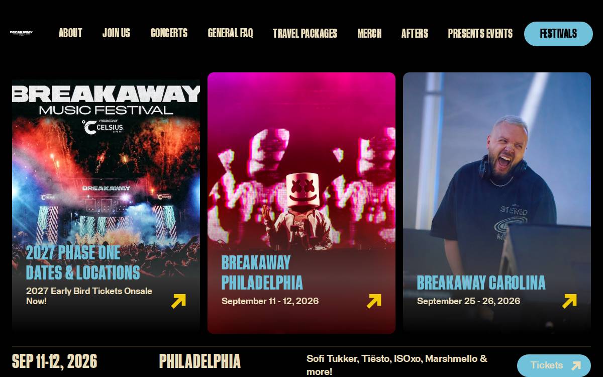 Breakaway Music Festival website preview