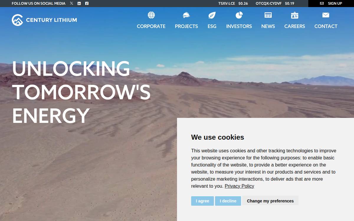 Century Lithium website preview