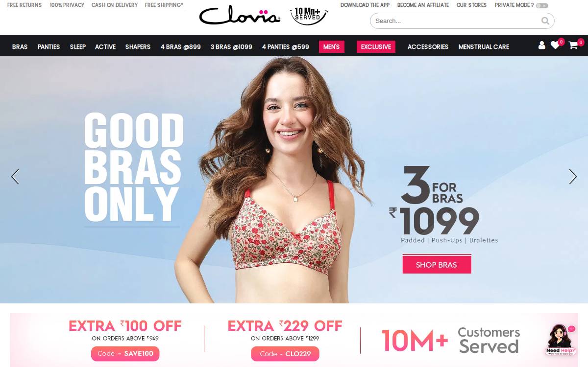 Clovia website preview