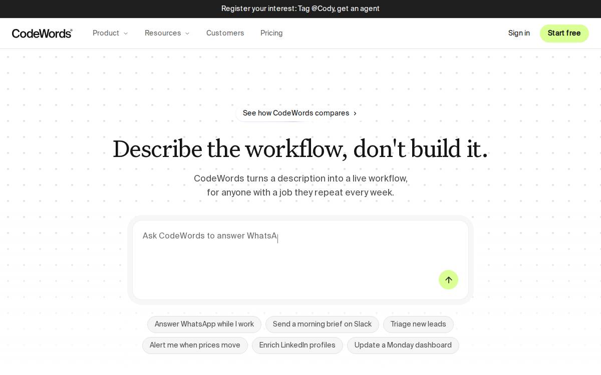 CodeWords AI workflow automation website preview