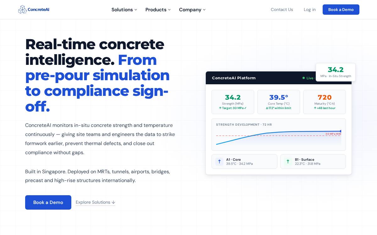 ConcreteAI Real-time concrete strength monitoring website preview