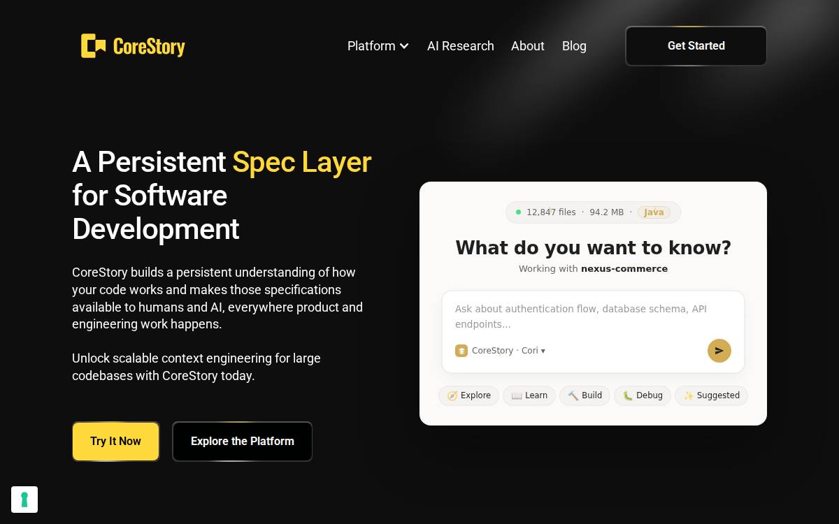 CoreStory Code intelligence website preview