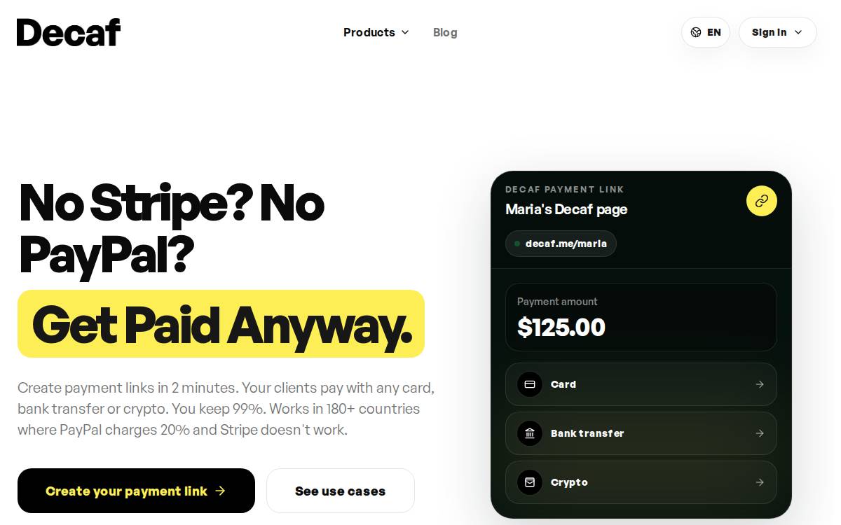 Decaf Fintech website preview