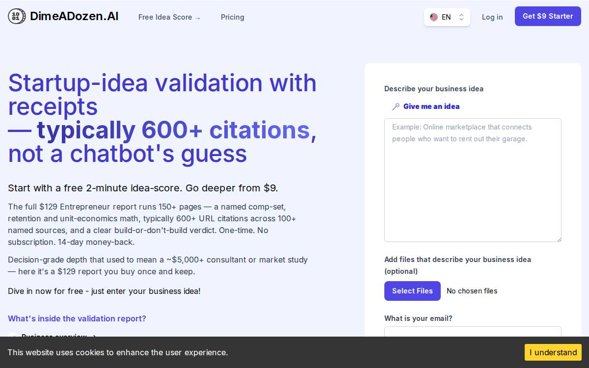 DimeADozen.ai – AI Startup Pitch Grader website preview