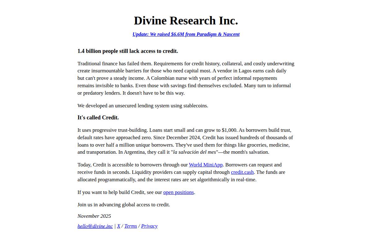 Divine Research Under-collateralized credit system website preview
