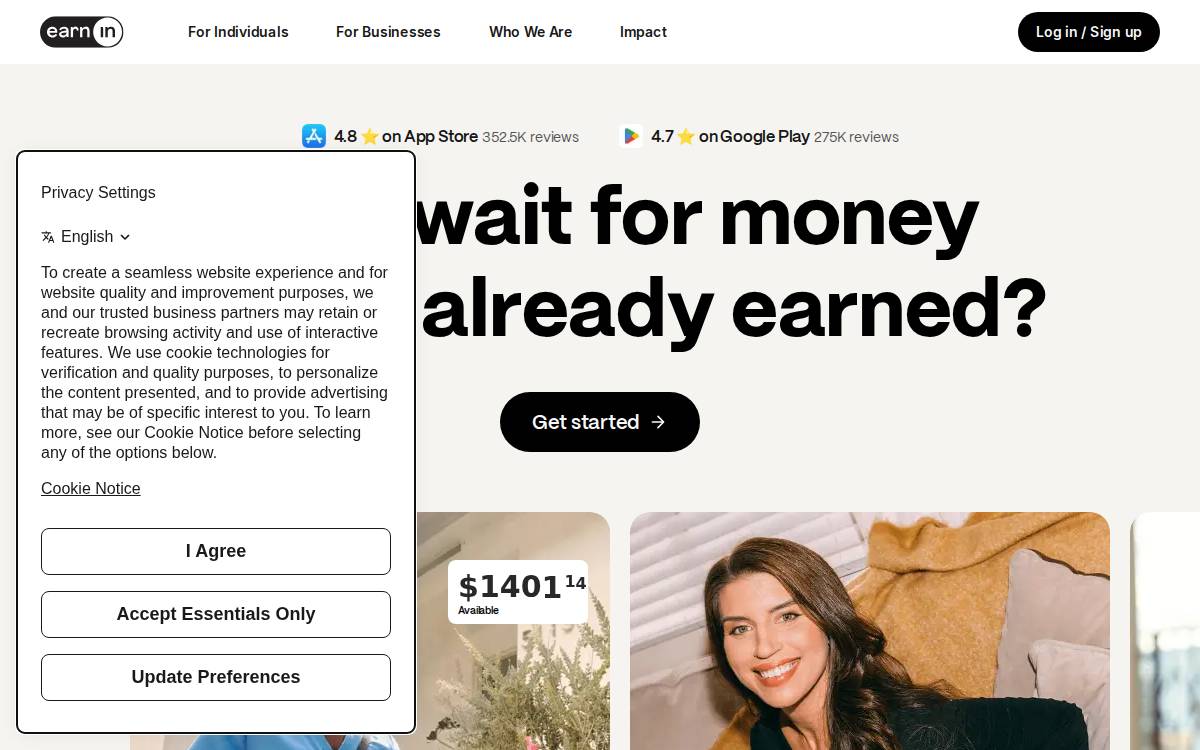 Earnin website preview