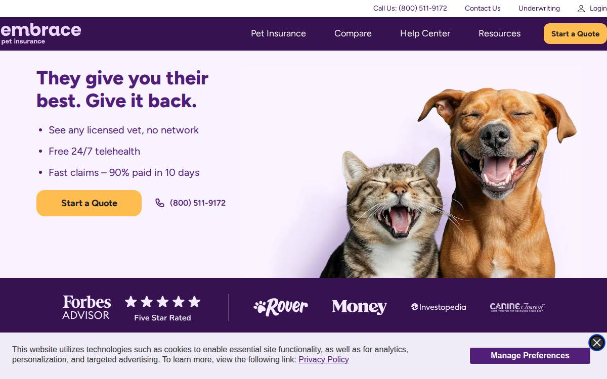 Embrace Pet Insurance website preview