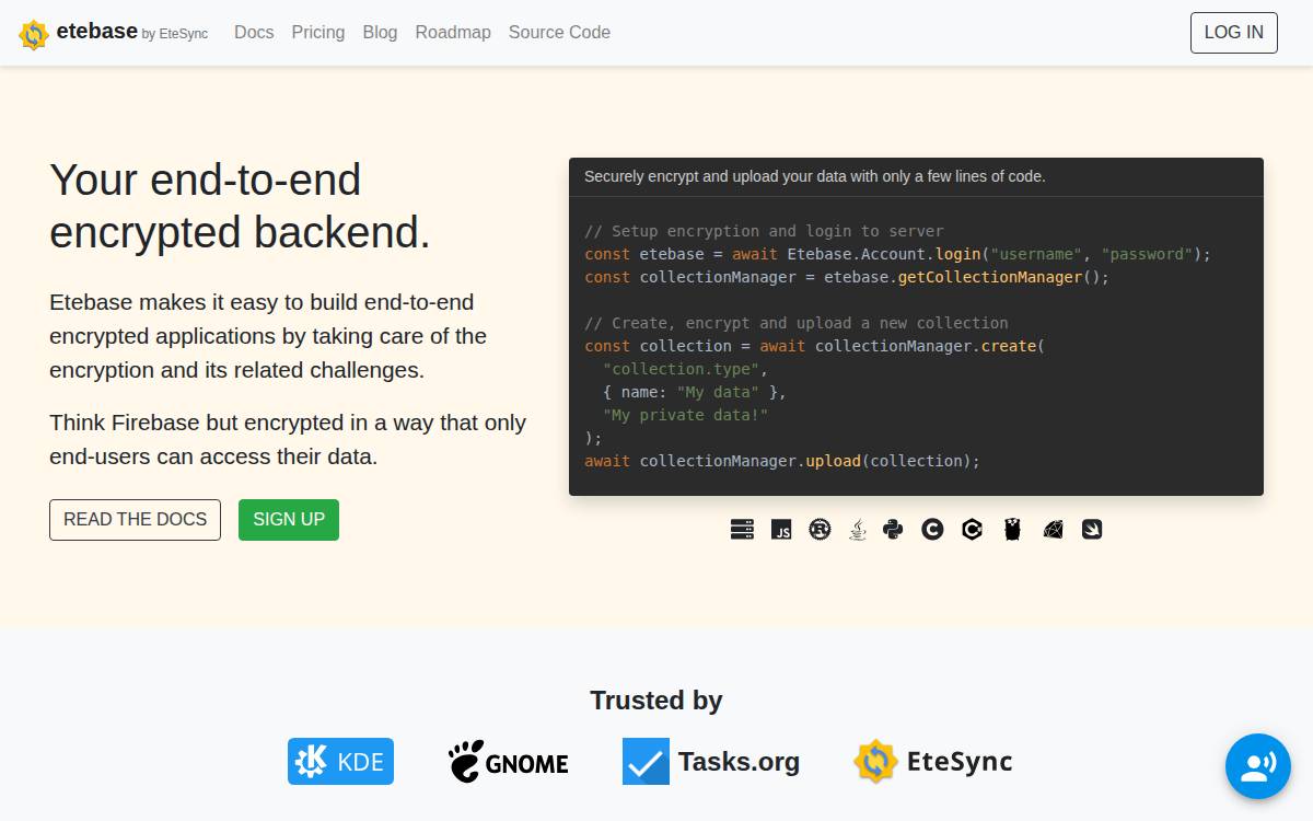 Etebase website preview