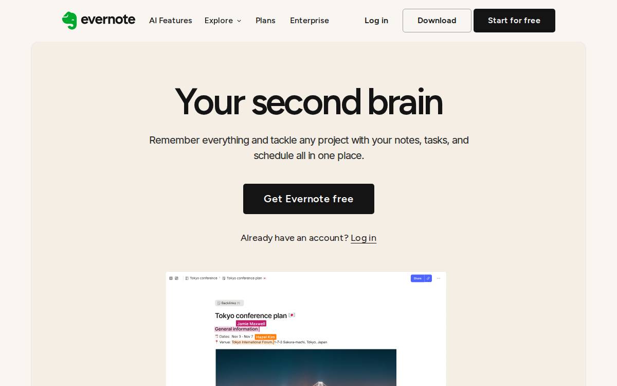 Evernote website preview