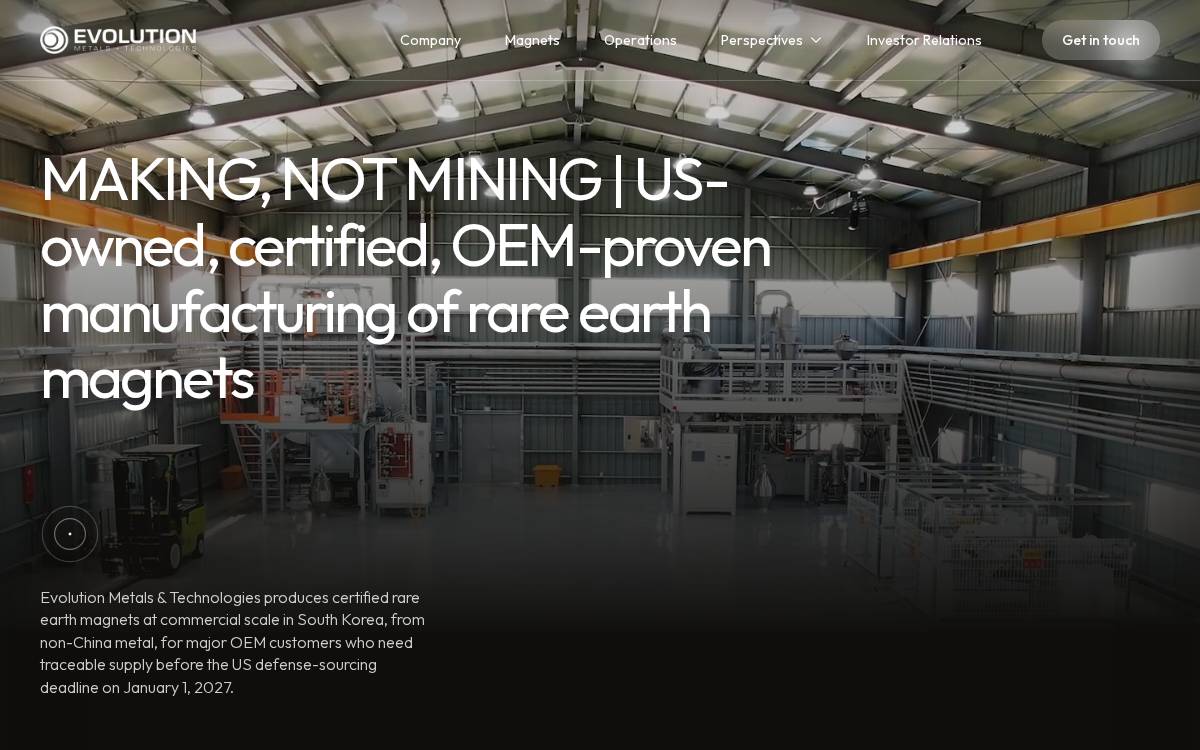 Evolution Metals & Technologies website preview