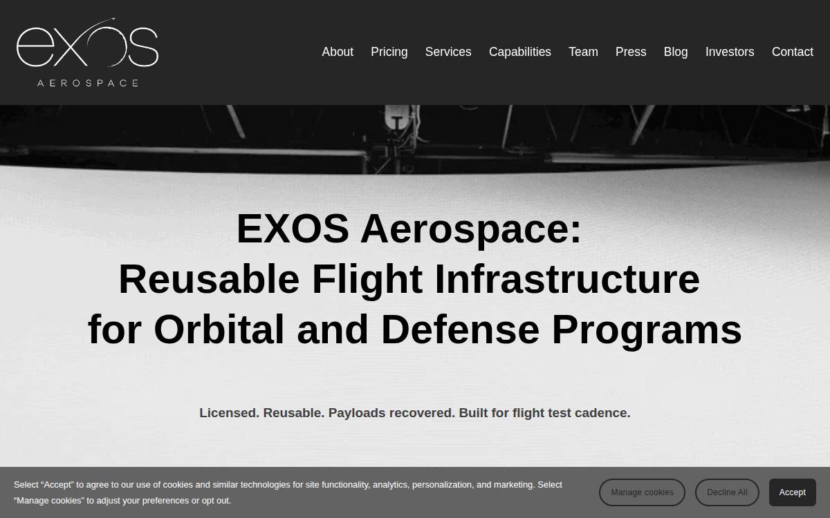 Exos Aerospace Systems & Technologies website preview