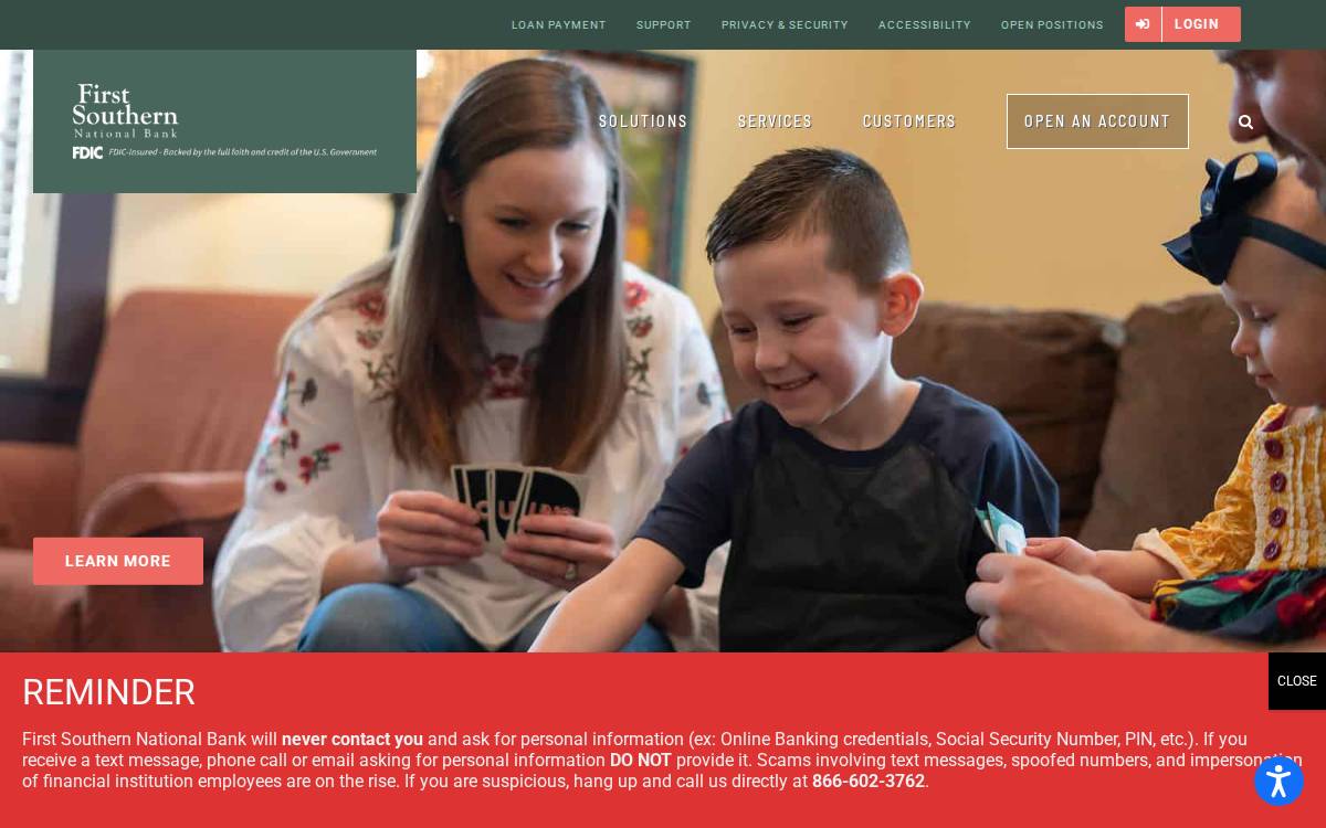 First Southern National Bank website preview