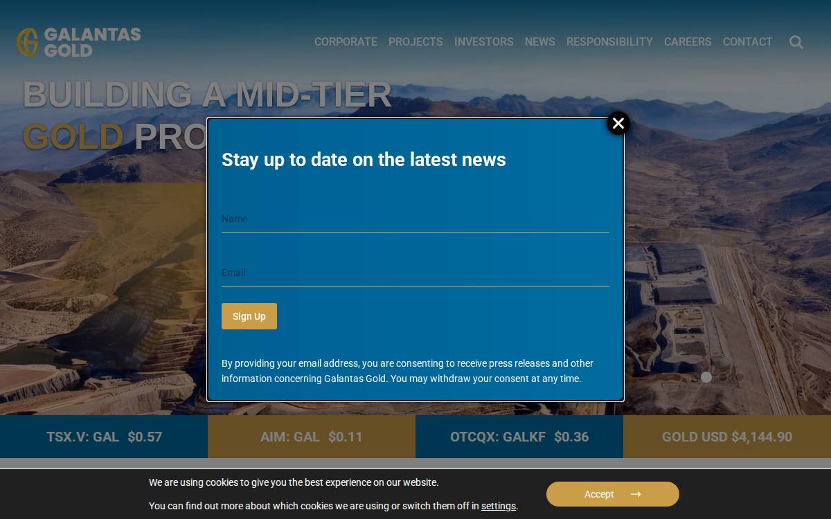 Galantas Gold Corporation website preview