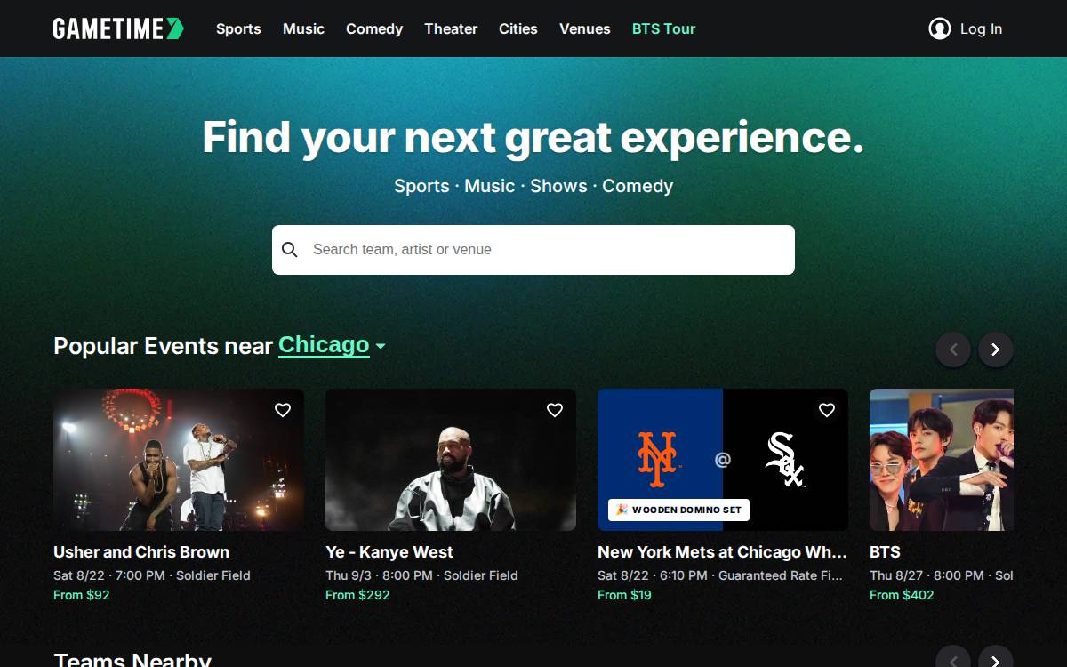 Gametime website preview