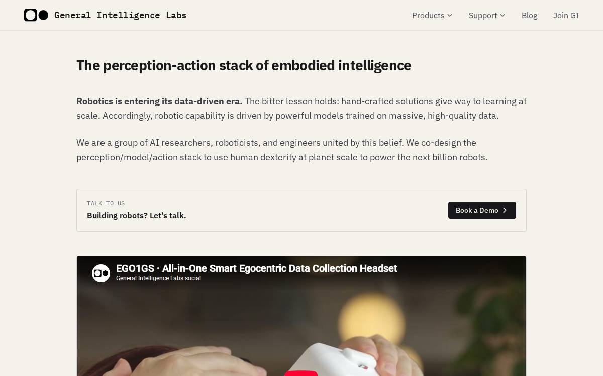 General Intelligence Labs Robot learning data stack website preview