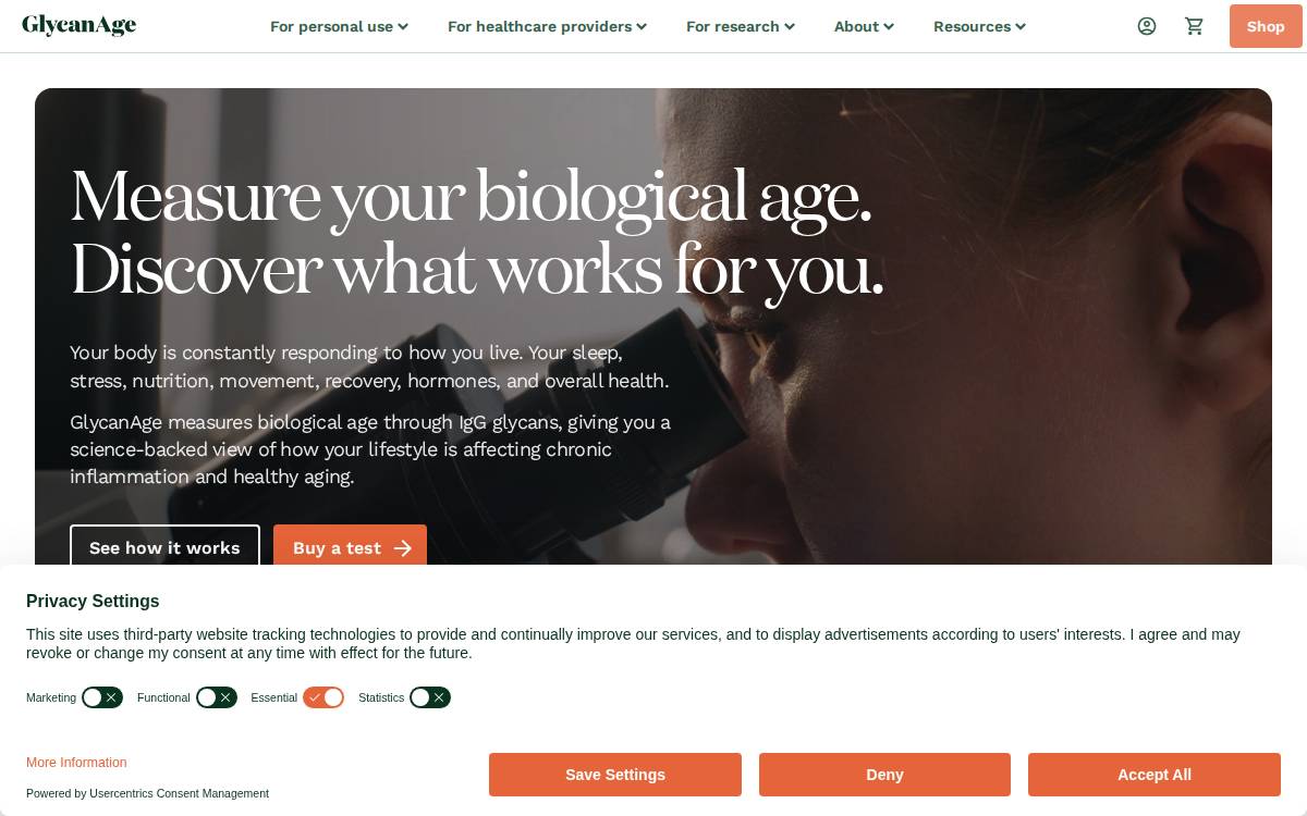 GLYCANAGE Biological age testing website preview