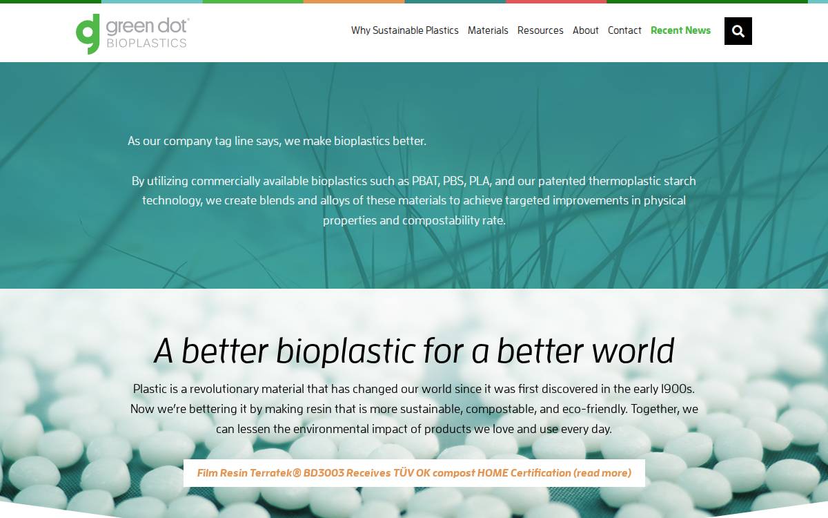 Green Dot Bioplastics website preview