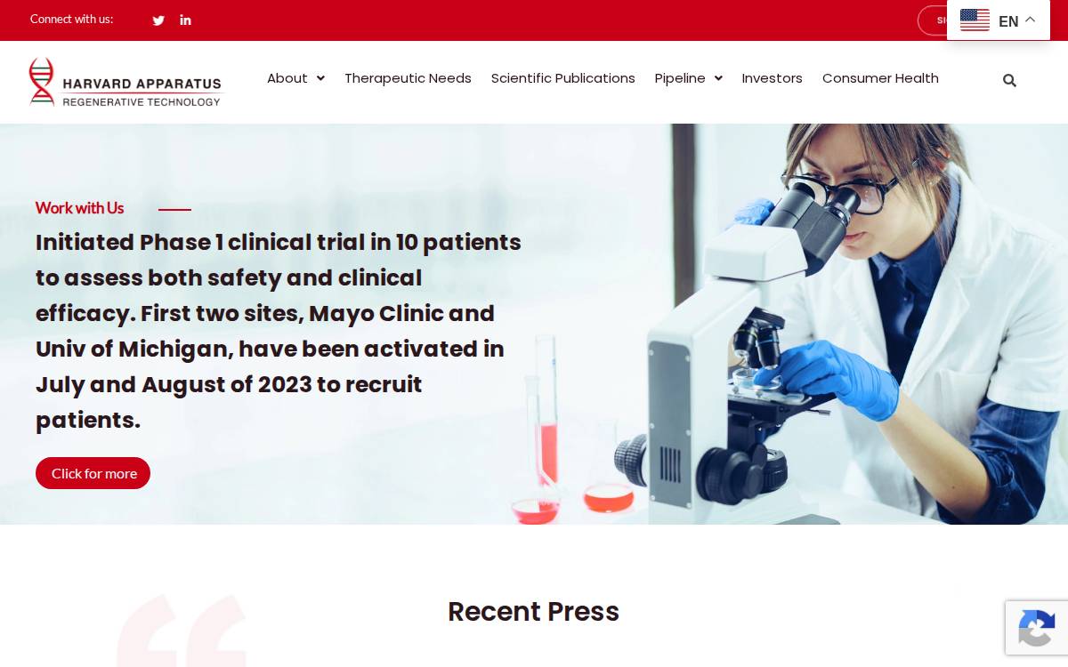 Harvard Apparatus Regenerative Technology website preview