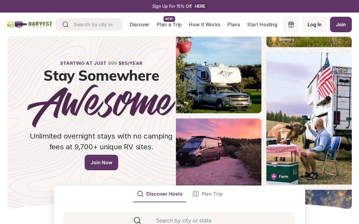 Harvest Hosts website preview