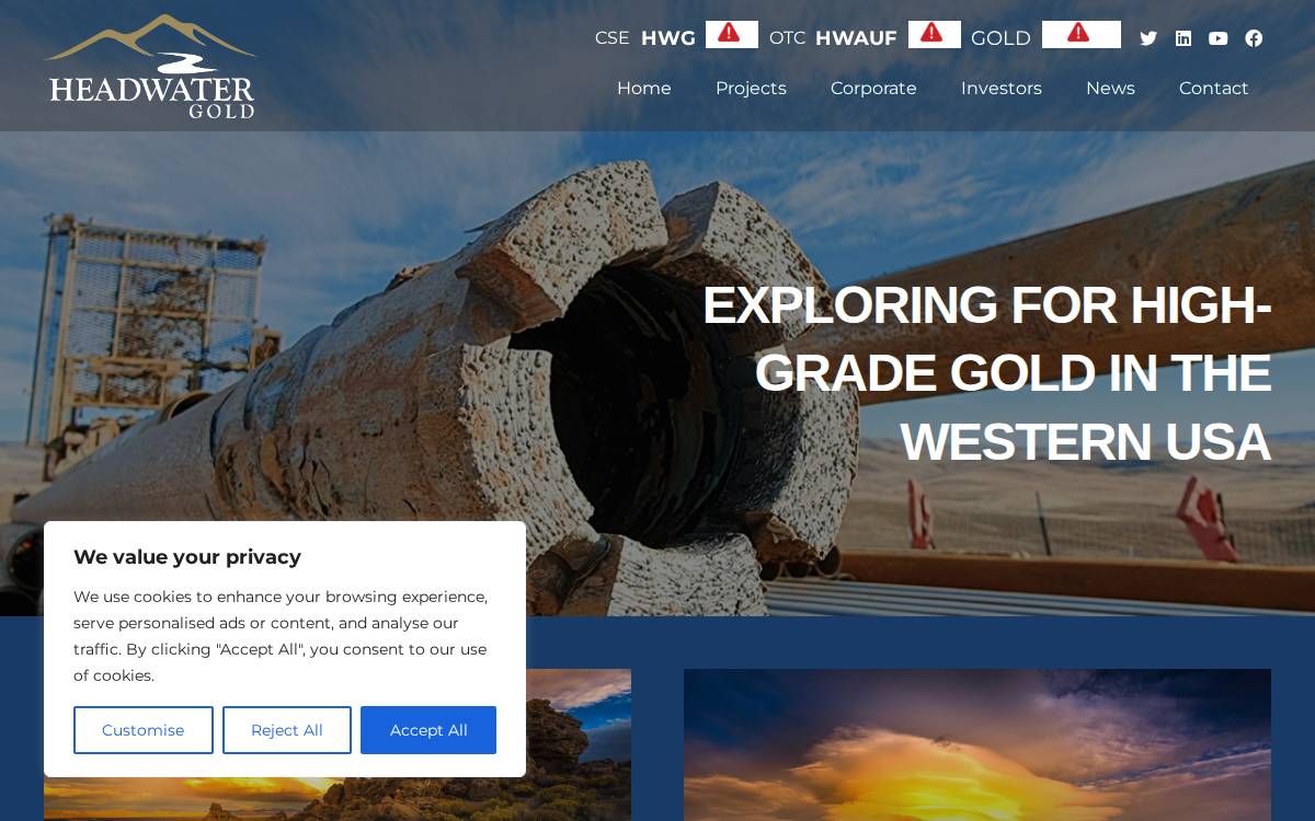 Headwater Gold website preview