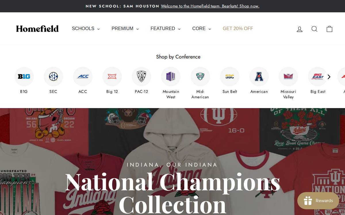 Homefieldapparel website preview