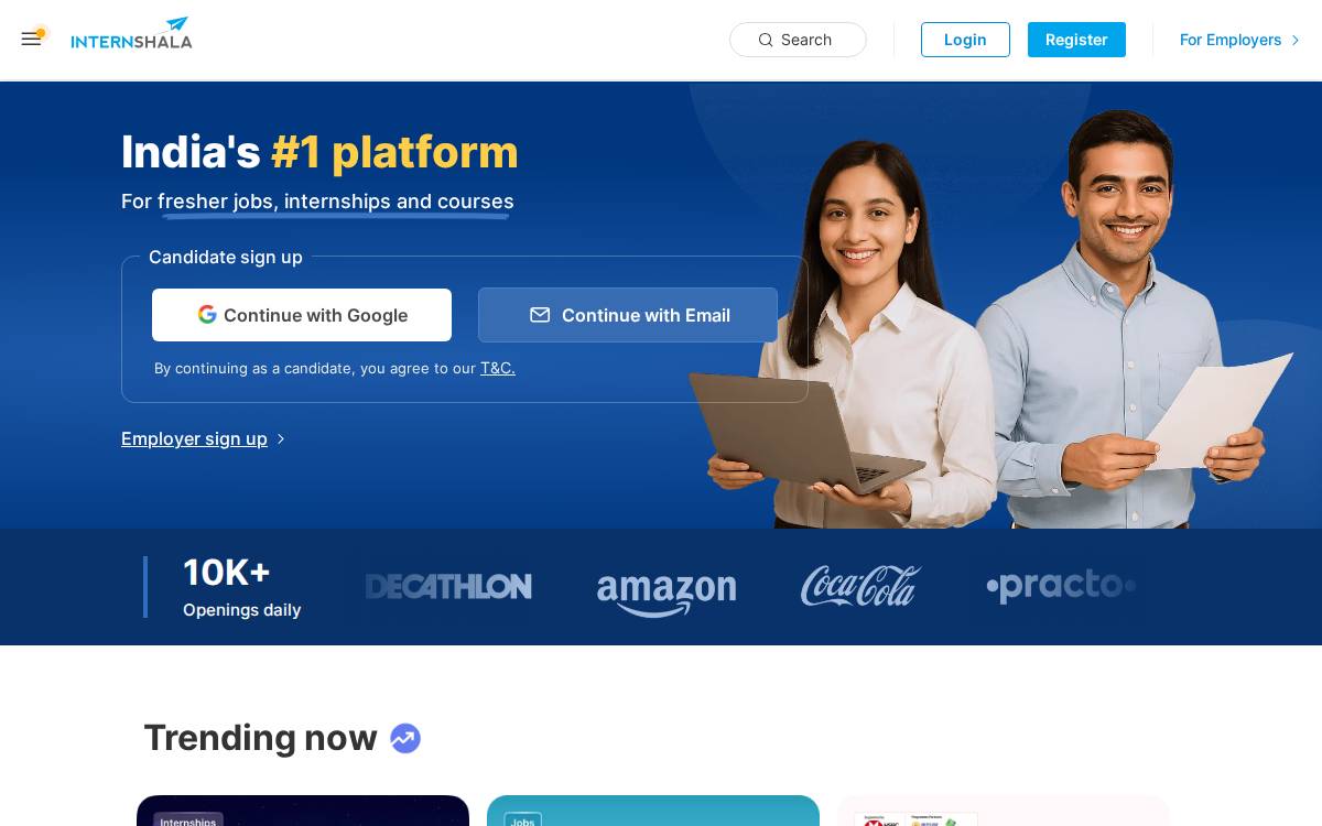 Internshala website preview