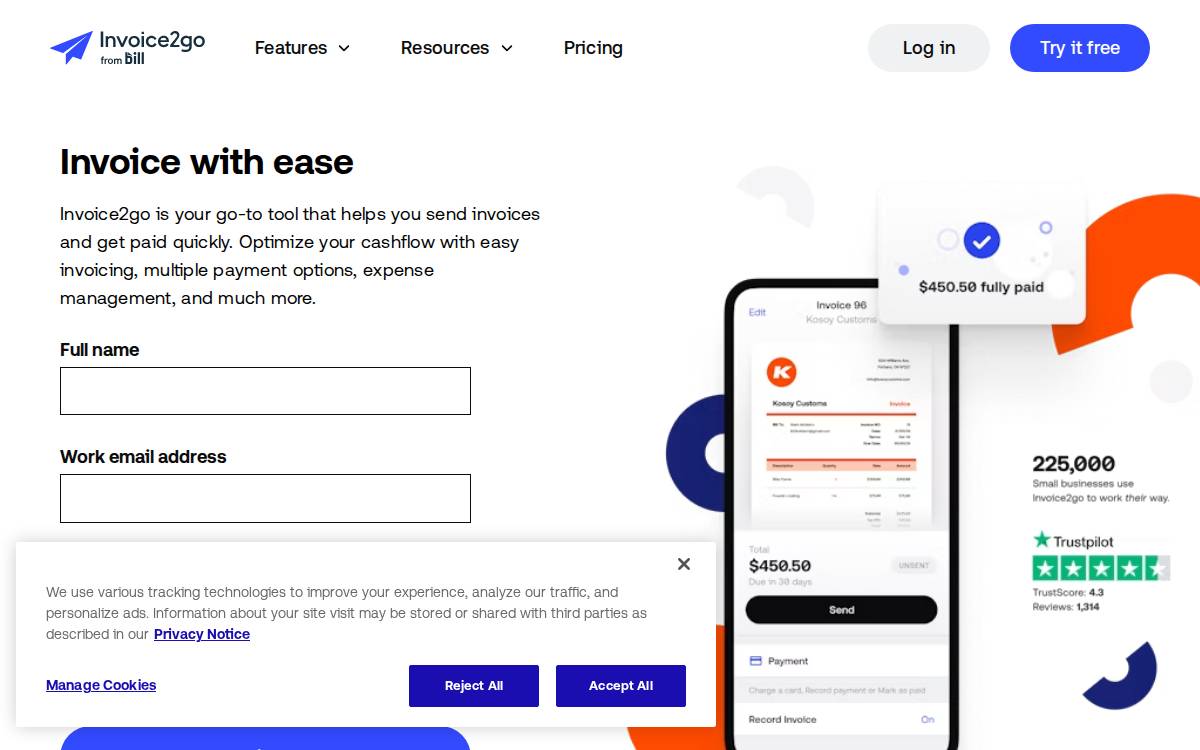 Invoice 2go website preview