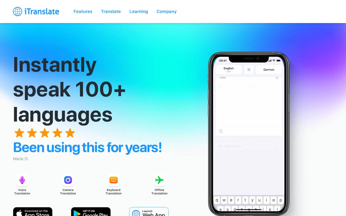 iTranslate website preview