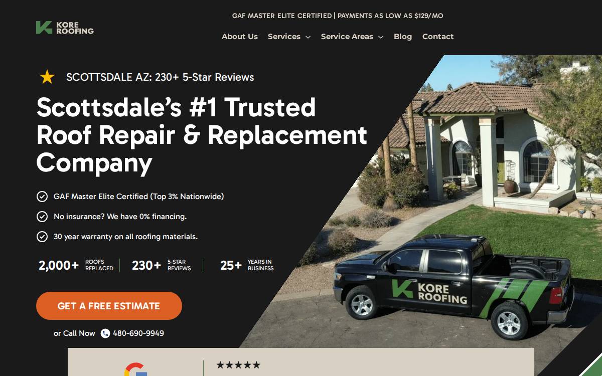 Kore Roofing website preview