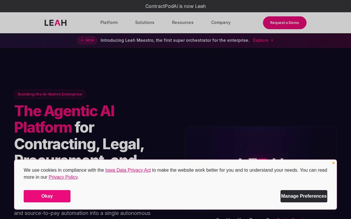 Leah AI (FKA ContractPod) website preview