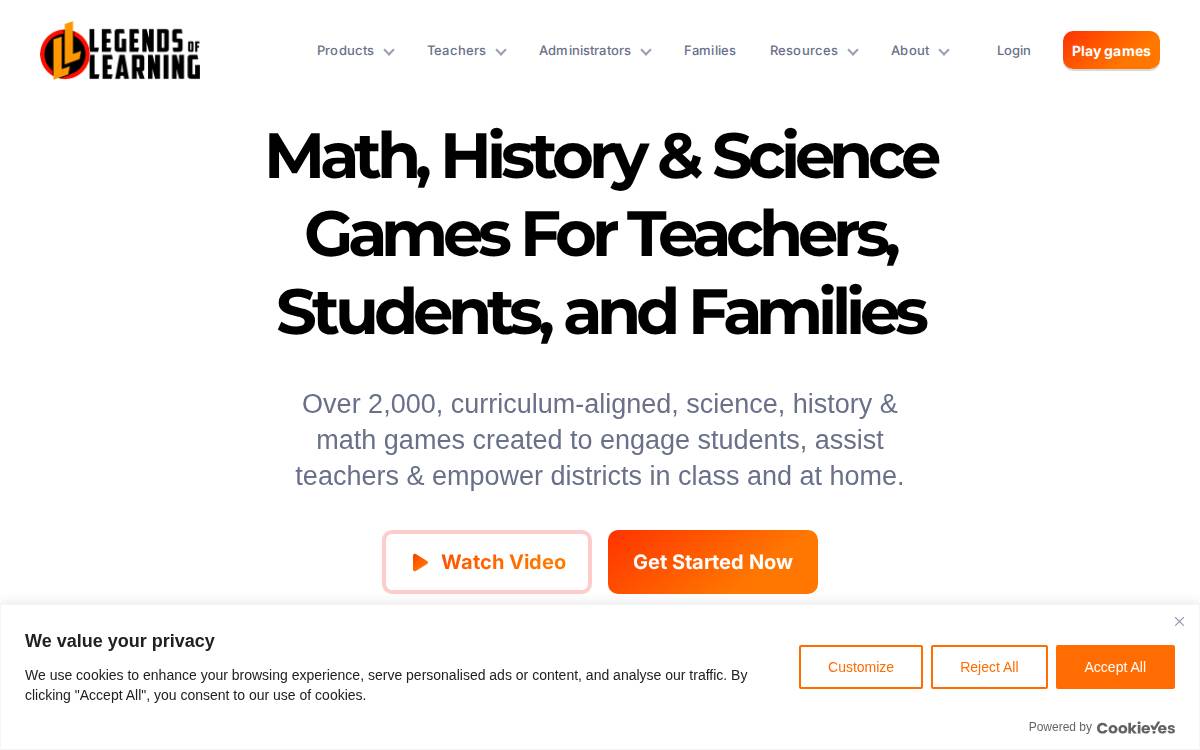 Legends of Learning website preview