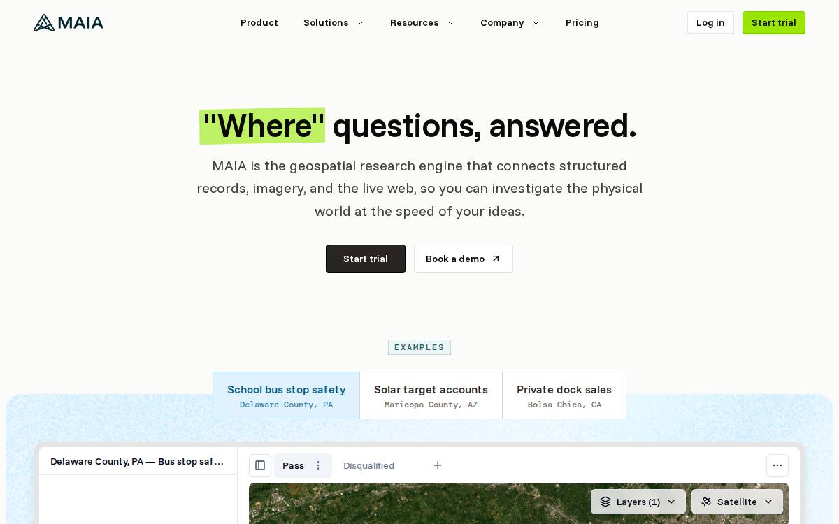 MAIA Analytics AI-powered geospatial analysis website preview