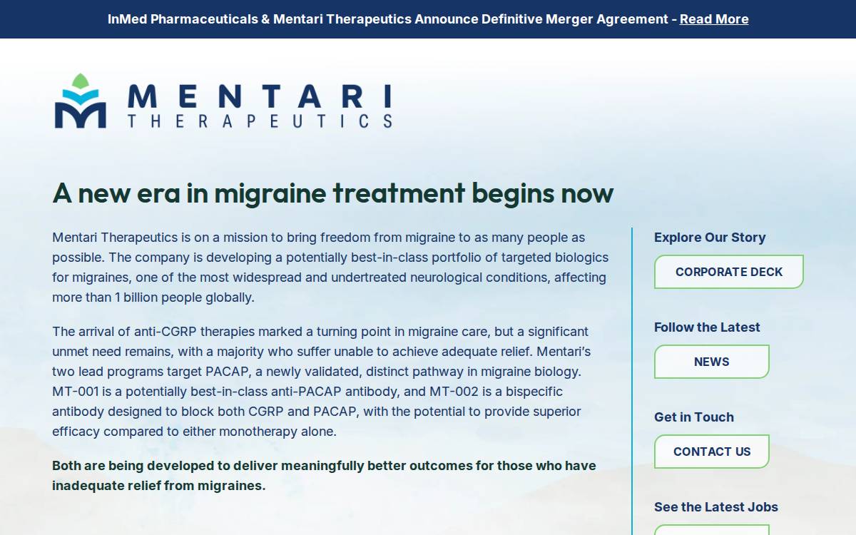 Mentari Therapeutics website preview
