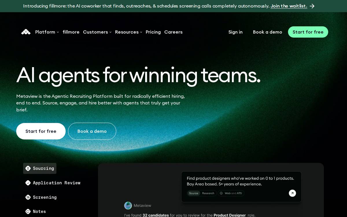 Metaview Agentic recruiting platform website preview