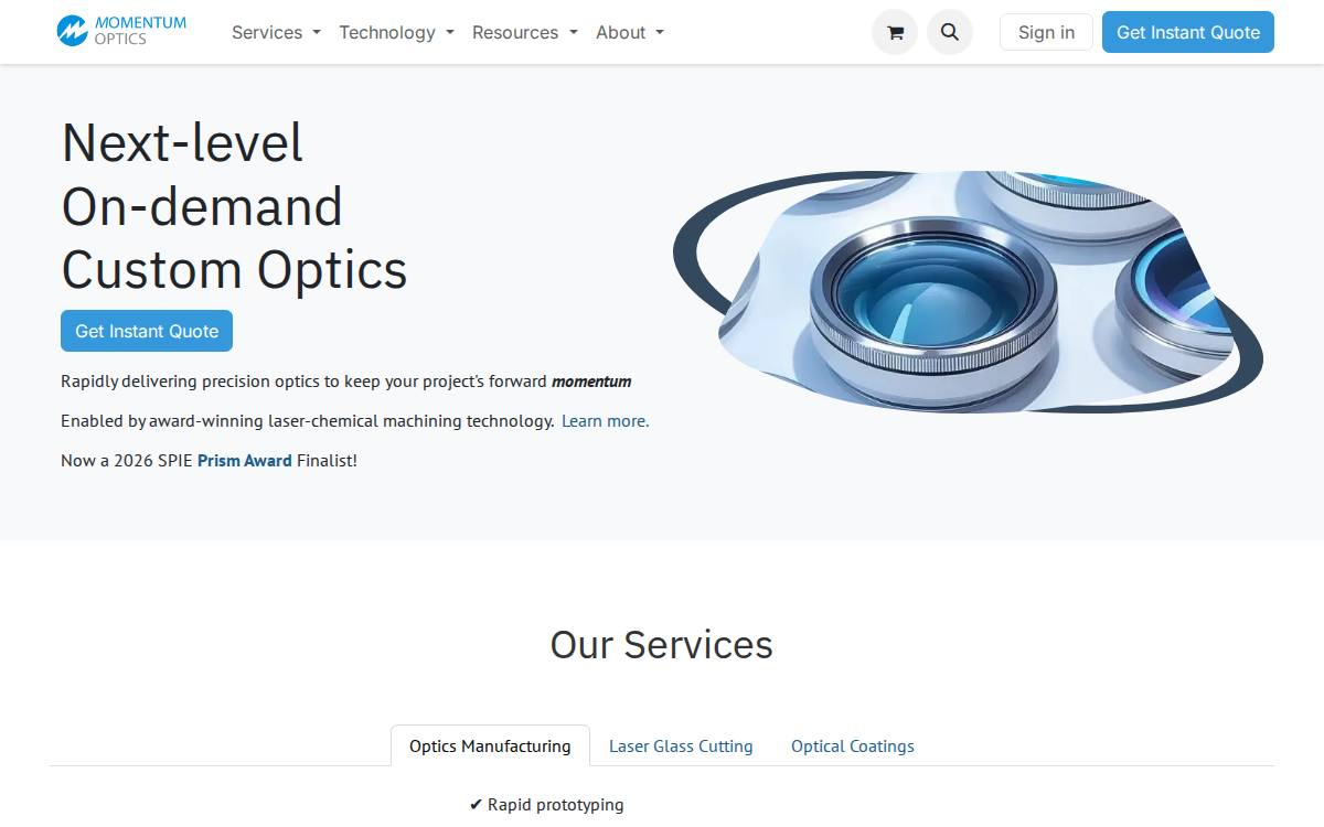 Momentum Optics website preview