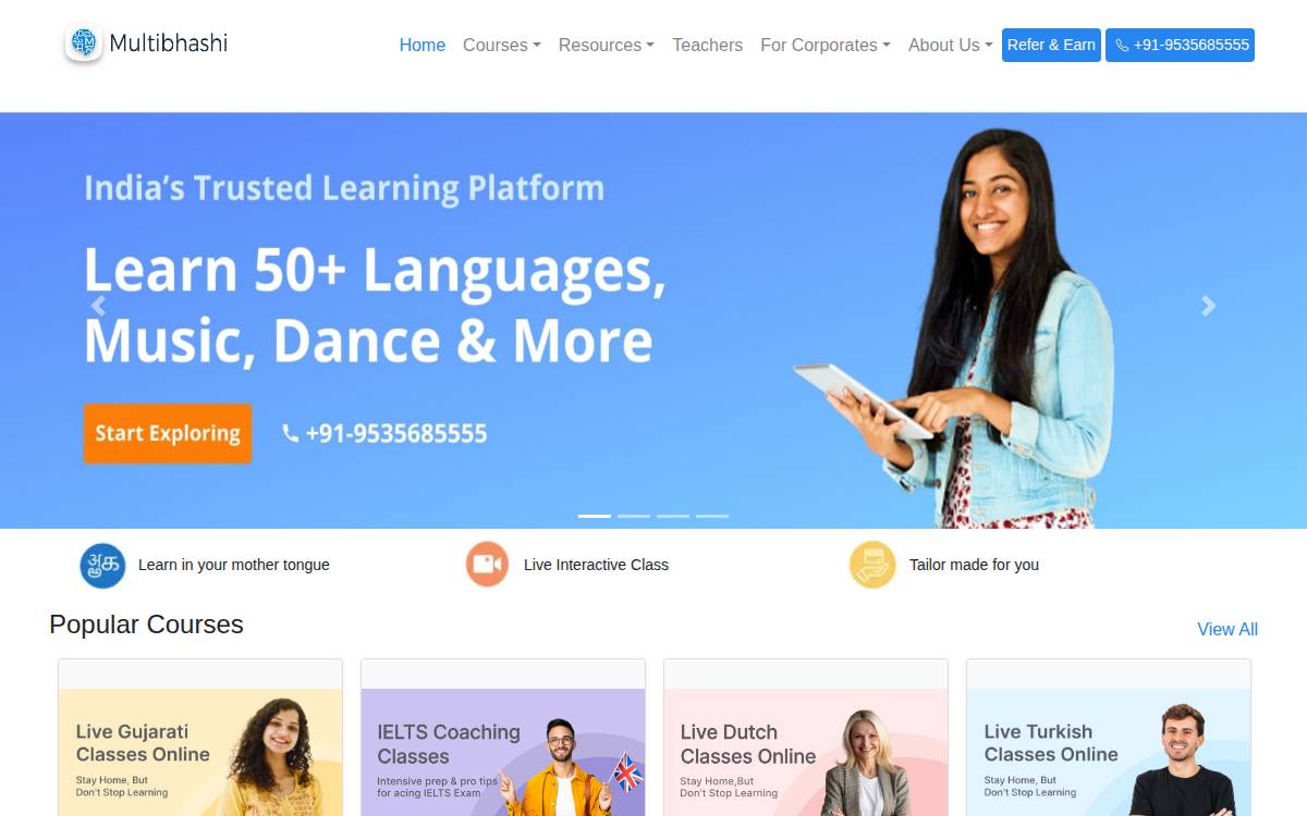 Multibhashi Classes website preview