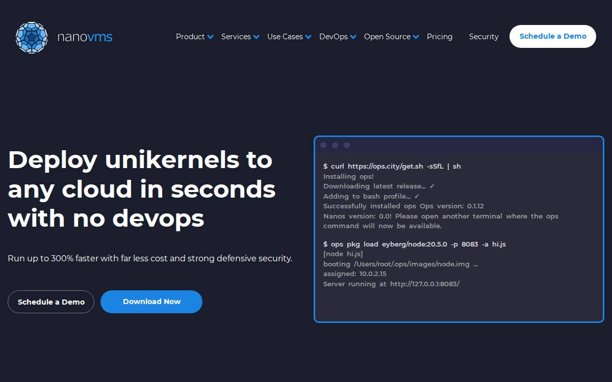 Nanovms website preview