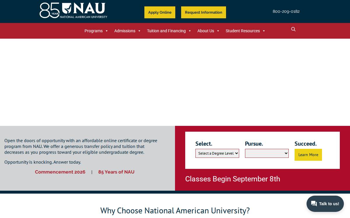 National American University (NAU) website preview